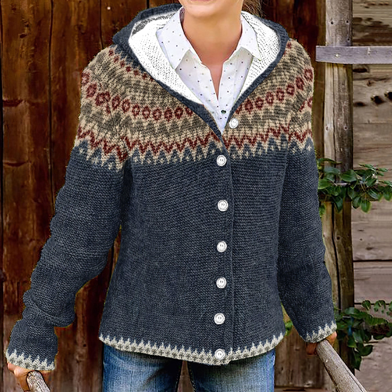 Baumwoll Zweifarbiger Pullover Beige-Navy